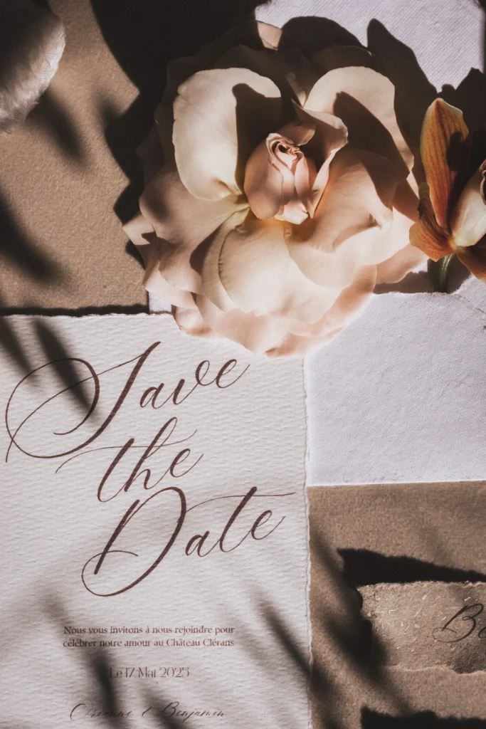 Flatlay réalisé avec les faire-part et les fleurs pour un mariage en Dordogne.