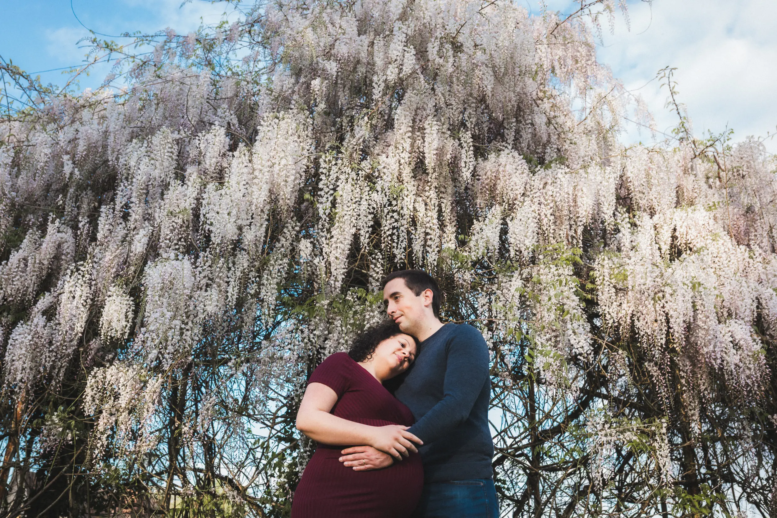 Les futurs parents s'enlacent tendrement sous une glycine en fleur durant leur séance avec une photographe grossesse Bordeaux